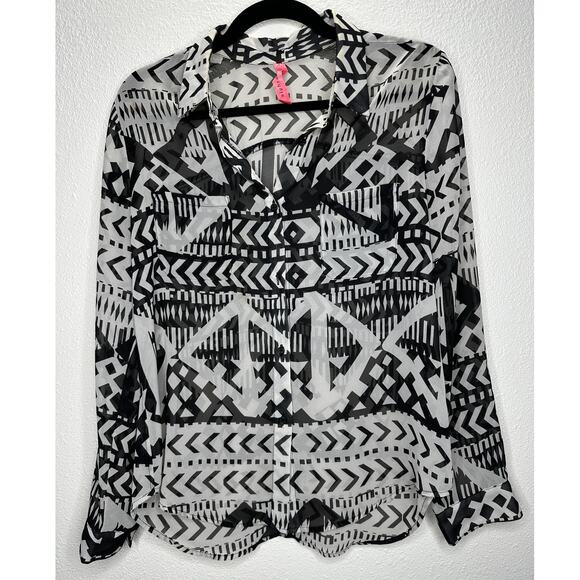 Eight Sixy Black & Gray Aztec Print Sheer Button Long Sleeve Blouse S - Picture 2 of 10